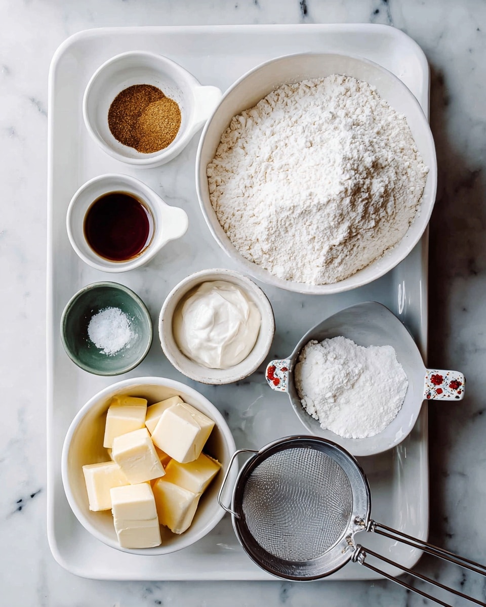 A white rectangular tray on a white marbled surface holds various bowls and measuring cups filled with baking ingredients. At the top right is a large white bowl filled with a pile of white flour. To the left of it are two small white bowls, one with brown spices and the other with a dark brown liquid. Below them, there are two more small bowls, one green with white powder and another gray with white powder. Near the bottom left is a white bowl containing cubes of pale yellow butter. To the right of the butter, there is a metal measuring cup filled with white cream cheese, and next to it, a metal sifter with a white powder inside. A woman’s hand with painted nails appears at the bottom right corner. The overall image looks bright and clean. photo taken with an iphone --ar 4:5 --v 7