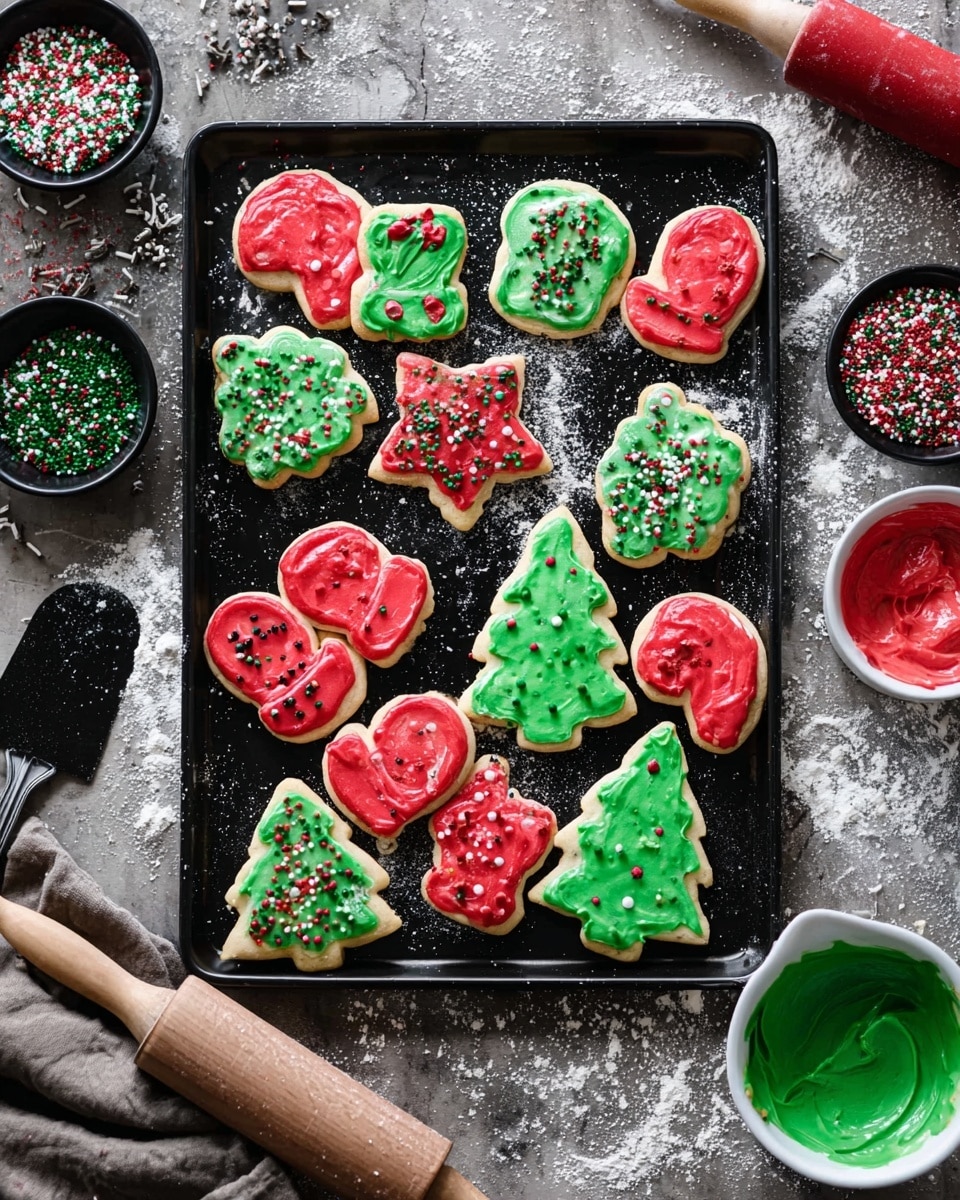 A black baking tray filled with a single layer of various Christmas cookies sits on a white marbled surface dusted with flour. The cookies have two main icing colors: bright red and green, each spread thickly with a slightly rough texture. Shapes include Christmas trees, stars, rounded shapes, and mitten forms. Each cookie is decorated with small round sprinkles or elongated sprinkles in red, white, and green colors. Around the tray are small black bowls with different sprinkles and red and green icing in a small white bowl with a spatula covered in green icing. A rolling pin with a wooden handle and a black spatula rest on the surface, all slightly dusted with flour. Photo taken with an iphone --ar 4:5 --v 7