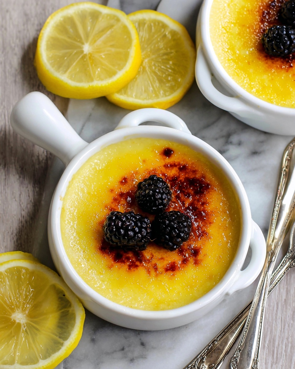 The image shows a small white ceramic bowl with handles on each side, filled with a smooth, yellow custard topped with a burnt caramelized sugar layer that has a shiny, slightly uneven texture. On top of the custard, there are three blackberries adding a dark, bumpy contrast. The bowl sits on a white marbled surface with two lemon slices placed nearby and two silver spoons lying beside the bowl. Another similar bowl with the same dessert is partially visible at the top right corner. Photo taken with an iphone --ar 4:5 --v 7