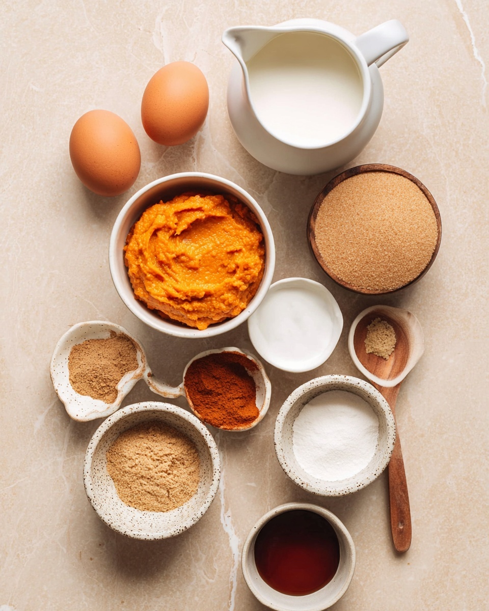 The image shows an overhead view of several ingredients arranged neatly on a white marbled surface. There are two whole brown eggs placed next to a white ceramic pitcher filled with milk. A medium white bowl holds a bright orange puree, likely pumpkin. Nearby, a smaller white bowl contains light brown brown sugar, and another small bowl holds white granulated sugar. A round wooden container with a lid features coarse salt inside. A speckled white bowl contains an assortment of ground spices in different warm shades—brown, reddish-brown, and light yellow. There is a small white bowl with dark amber vanilla extract as well. The setup is clean and organized with a neutral color palette. Photo taken with an iphone --ar 4:5 --v 7