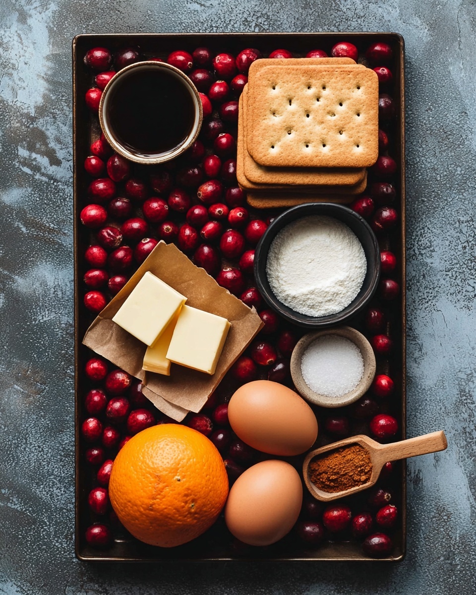 A dark textured rectangular tray is filled with bright red cranberries scattered all over as the base layer. On the right side near the center, there are two stacked light brown rectangular crackers with small holes. Below them, three brown eggs are placed side by side. Near the bottom center, a whole bright orange sits prominently. On the left side near the bottom, three small light yellow butter squares rest on brown paper. Above them, a small round bowl with dark syrup fills the next layer. Above and to the right of it, a black round bowl holds white granulated sugar. Next to it on the right, a small wooden scoop contains cinnamon powder, and next to that is a small round bowl with white salt. All items are set against a dark tray and a white marbled texture background. Photo taken with an iphone --ar 4:5 --v 7