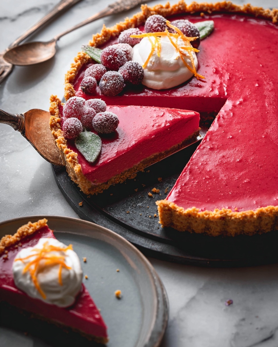 A tart with two layers sits on a dark round tray on a white marbled surface. The bottom layer is a golden crumb crust with a crumbly texture. The top layer is a smooth, bright red filling that looks creamy and fresh. One slice of the tart is being lifted with a silver cake server, showing the two layers clearly. On the edge of the tart, there are sugared cranberries and small green leaves used as decoration. Nearby, a gray plate holds a piece of the tart topped with white whipped cream and orange peel strips. Photo taken with an iphone --ar 4:5 --v 7