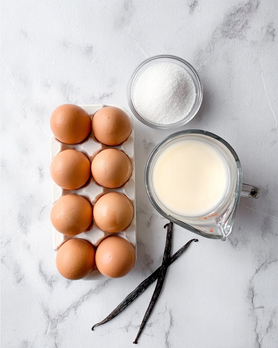 The image shows six brown eggs in a white carton on the left side of a white marbled surface. Next to it is a small clear glass bowl filled with white sugar, and on the right side is a transparent glass measuring cup filled with creamy white milk. Below the milk container, there is a dark brown vanilla bean pod placed diagonally, and beside it, a few thin white strands of vanilla seed. The scene is brightly lit, with each item clearly visible and neatly arranged. Photo taken with an iphone --ar 4:5 --v 7