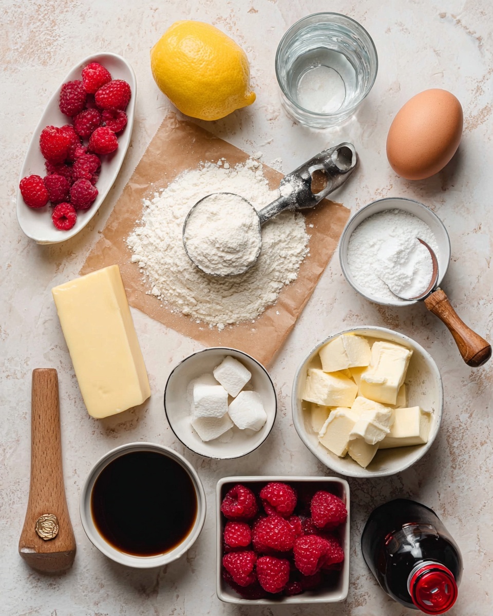 The image shows a flat lay of baking ingredients arranged on a white marbled texture. There is a yellow lemon near the top left with fresh red raspberries scattered around. A clear glass of water is placed near the top center. Toward the center, a silver scoop holds white flour on a piece of brown parchment paper, next to a small black measuring spoon with white powder and a tiny wooden scoop with coarse salt. A stick of pale yellow butter lies to the left, and a whole brown egg is positioned near the center right. A white bowl filled with white granulated sugar sits near the top right with a small wooden spoon inside. Below the egg, a small white bowl contains white cream cheese cubes. A small glass cup with dark brown vanilla extract is below the cream cheese, and a black container filled with bright red raspberries is on the right. A dark bottle with a red cap is near the bottom right. The whole setup is softly lit, showing clear textures and colors. Photo taken with an iphone --ar 4:5 --v 7