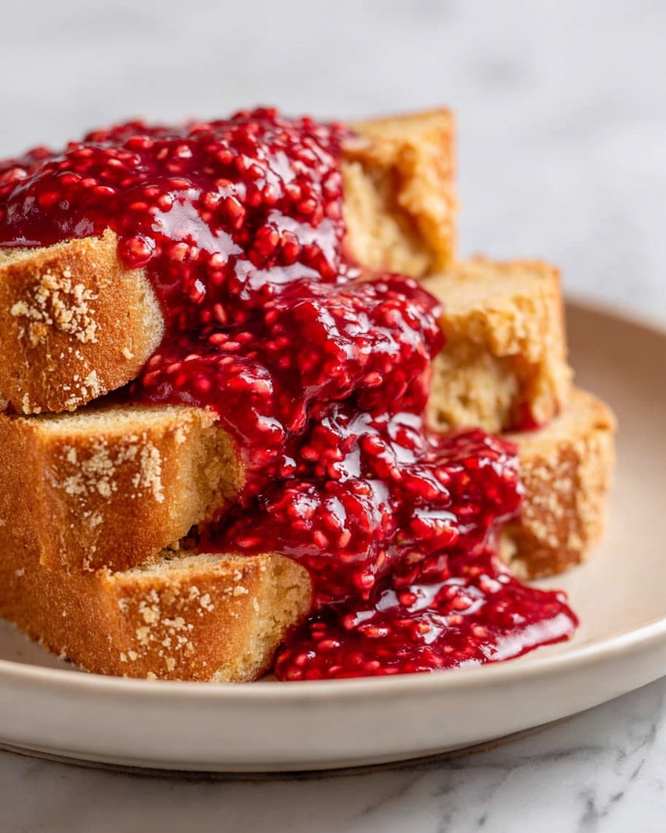 The image shows a close-up of three thick slices of golden-brown bread stacked on a white plate, with a chunky, bright red raspberry sauce drizzled generously over the top slice and spilling down onto the plate. The bread has a slightly rough, crumbly texture on the edges, and the sauce appears glossy with whole raspberry seeds visible, adding a textured look. The background is a soft, white marbled surface that highlights the vibrant colors of the bread and sauce. Photo taken with an iphone --ar 4:5 --v 7