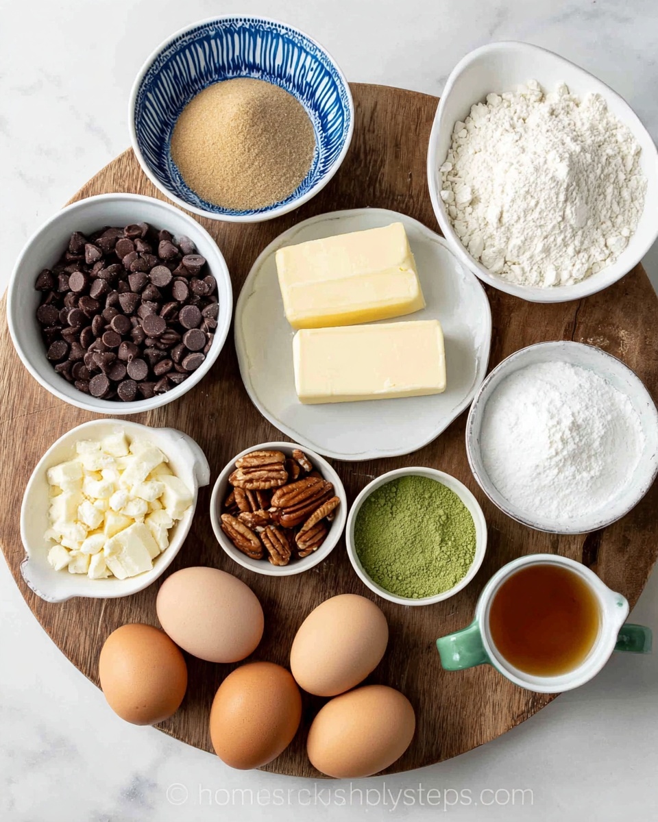 A round wooden board on a white marbled surface holds a set of ingredients in white and blue patterned bowls arranged in a circle. There are two sticks of pale yellow butter on a small white plate; next to it is a blue and white bowl with light brown sugar. A white bowl filled with white flour sits partially visible to the upper right. Smaller white bowls contain white powdery baking soda and baking powder. A small white bowl to the bottom right holds amber vanilla extract. Two brown eggs rest in a white measuring cup with a green handle. To the left are two blue and white bowls; one with dark brown chocolate chips, and the other with white chocolate chips. A small white bowl contains light brown pecan halves, and another small bowl holds green matcha powder. The setup is clean and well-arranged. Photo taken with an iphone --ar 4:5 --v 7