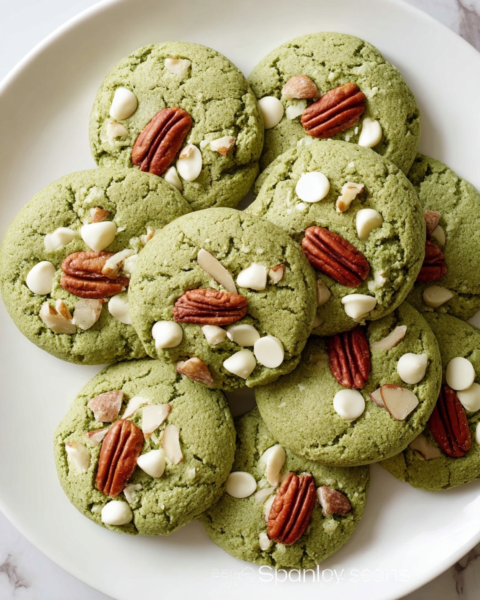 A white plate holds a group of nine round green cookies with a rough, soft texture. Each cookie is topped with scattered white chips and sliced almonds, along with one or two whole pecan halves that add a rich brown color on top. The cookies are placed closely together, showing slight cracks and folds on their surface. The background is a smooth white marbled texture. photo taken with an iphone --ar 4:5 --v 7