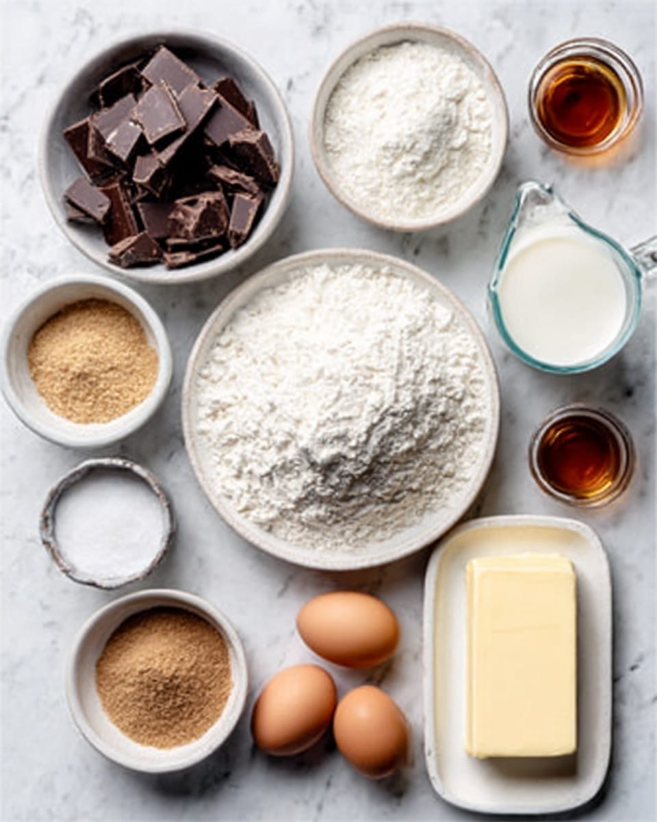 The image shows a top-down view of a white marbled surface with a white plate holding several ingredients arranged around it. In the middle, there is a large mound of white flour with a rough texture. Surrounding the flour are small bowls with different contents: one bowl has dark chocolate chunks with a mix of large and small pieces, another holds light brown sugar that looks crumbly, a third has fine white powdered sugar, and a fourth contains soft brown sugar with a moist texture. There is a small bowl with fine white salt and two brown eggs placed next to each other on the surface. Nearby is a glass of milk with a smooth, creamy look and a rectangular stick of butter with a smooth, pale yellow color in a white dish. Also seen are a small bowl with a white frothy liquid and two small clear glasses, one with a dark amber liquid and the other with a clear liquid. The arrangement is clean and organized, capturing all the ingredients clearly. Photo taken with an iphone --ar 4:5 --v 7