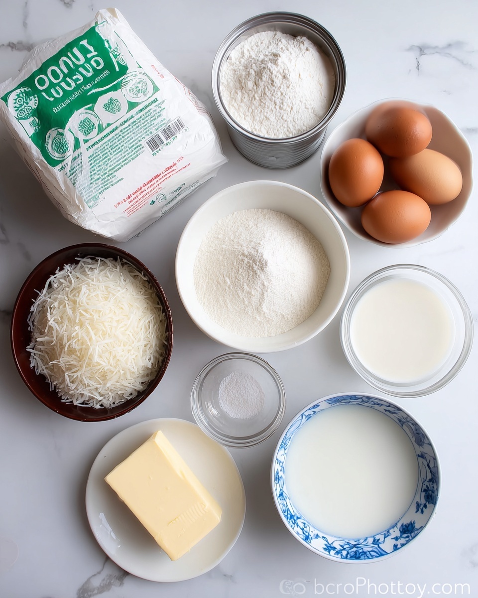 The image shows several baking ingredients arranged neatly on a white marbled surface. There is a big white bag of glutinous rice flour with green text on it, a silver can of coconut milk lying on its side, and a small white bowl with four brown eggs inside. A large white bowl is filled with fine white sugar, while a smaller white plate holds a block of pale yellow butter. Next to these is a dark brown bowl full of shredded white coconut, a small clear glass bowl containing white powder, likely baking powder, a small white bowl with a light brown liquid, and another small white bowl with a pinch of white salt. A white bowl with a blue pattern around the rim contains a white liquid, probably coconut milk or cream. All items are organized and clearly visible with natural lighting. Photo taken with an iphone --ar 4:5 --v 7