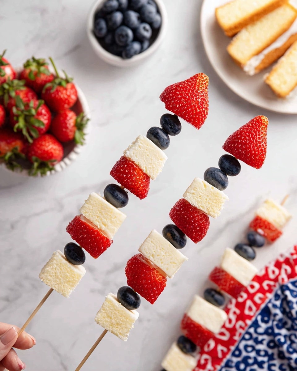 The image shows several skewers arranged on a white marbled surface, each with a pattern of small dark blue blueberries at both ends, followed by a red strawberry with the pointed end facing down, then two white sponge cake cubes stacked in the middle, and another strawberry with the pointed end facing up. One skewer is held by a woman's hand in the front, showing the details clearly. In the background, there is a small white bowl with fresh strawberries and a white bowl with blueberries, along with a white plate holding slices of cake, and a red, white, and blue patterned cloth partially visible on the right side. photo taken with an iphone --ar 4:5 --v 7