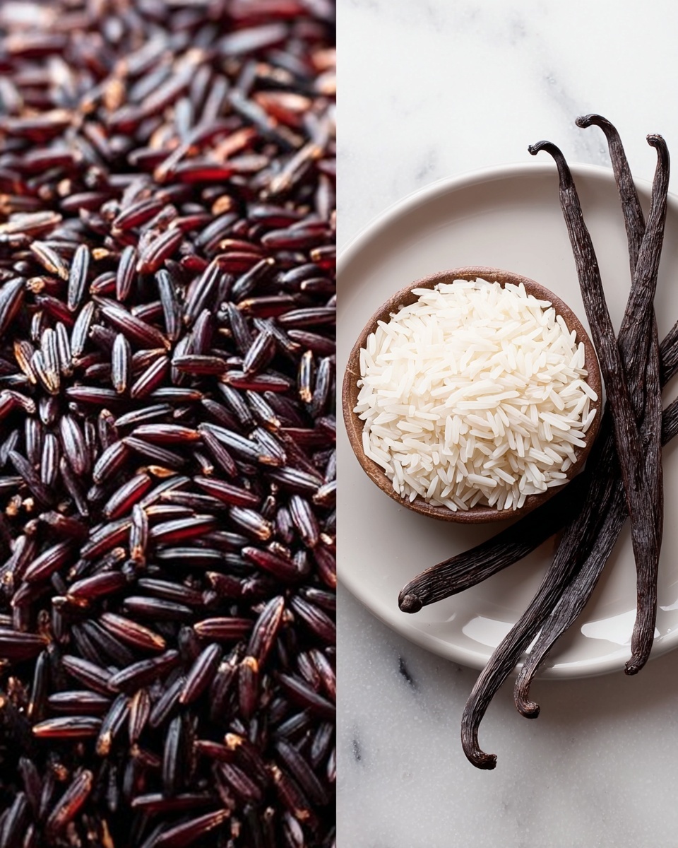 The image shows two close-up photos side by side. On the left side, there is a close-up of many small, long grains of dark purple-black rice with a shiny texture, arranged tightly across the whole frame. On the right side, there is a white plate on a white marbled surface. The plate holds a small round cup filled with white uncooked rice grains and several dark brown vanilla pods lying beside it, their wrinkled texture visible and slightly twisted. The lighting highlights the textures clearly. photo taken with an iphone --ar 4:5 --v 7