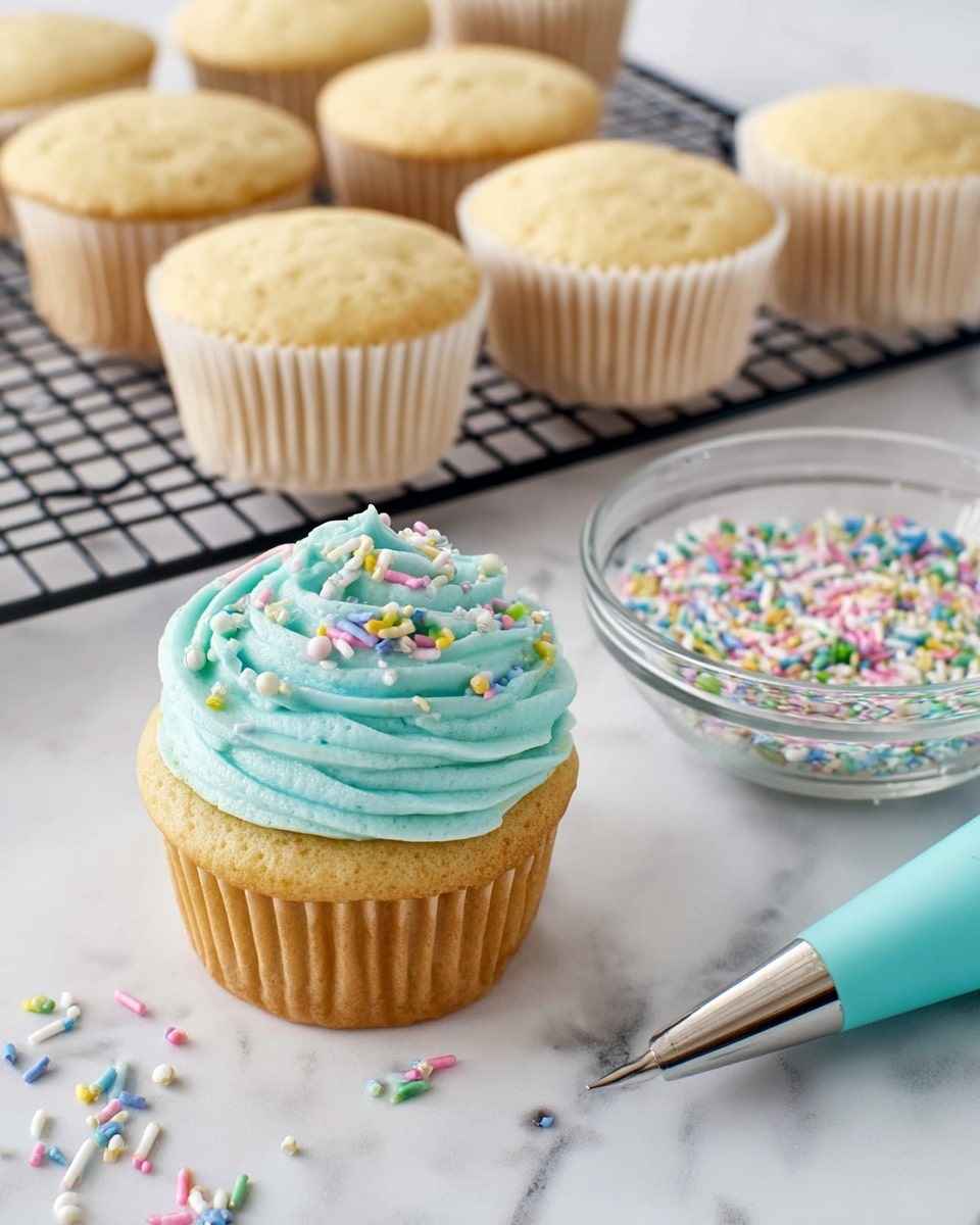 A single vanilla cupcake with light golden color, topped with one thick swirl of smooth light blue frosting, decorated with colorful round and stick sprinkles in pastel green, pink, yellow, white, and blue on top; behind it are seven plain cupcakes in white paper liners on a black cooling rack; to the right is a small clear bowl filled with the same sprinkles and in the front right corner is a piping bag with light blue frosting on its metal tip, all placed on a white marbled surface photo taken with an iphone --ar 4:5 --v 7
