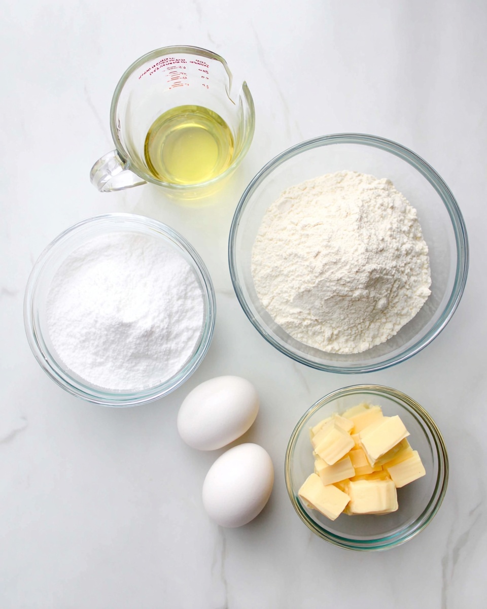 This image shows five baking ingredients on a white marbled surface. There is a small clear glass bowl filled with white powder, likely sugar, on the left side. Above it, there is a clear glass measuring cup containing a light yellow liquid, possibly oil. To the right of the sugar, there is a larger clear glass bowl filled with white flour. Below the flour bowl are two white eggs lying side by side. Finally, in the bottom right corner, there is a small clear glass bowl with light yellow square blocks, resembling butter pieces. The setup is simple and clean, with each ingredient in its own container. Photo taken with an iphone --ar 4:5 --v 7