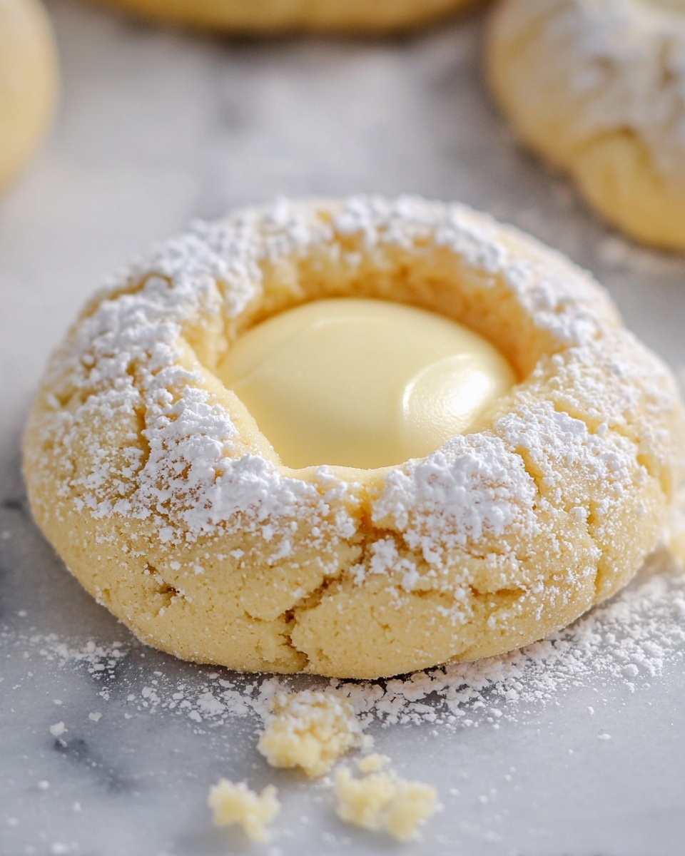 A close-up of a single round cookie on a white marbled surface, with a light yellow color and a slightly cracked texture dusted with white powdered sugar all over the top. The cookie has a shallow round indentation in the center filled with smooth, creamy white chocolate, creating a two-layer look with the softer cream filling sitting neatly inside the firm cookie base. A few small white sugar crumbs are scattered around the cookie on the surface. photo taken with an iphone --ar 4:5 --v 7