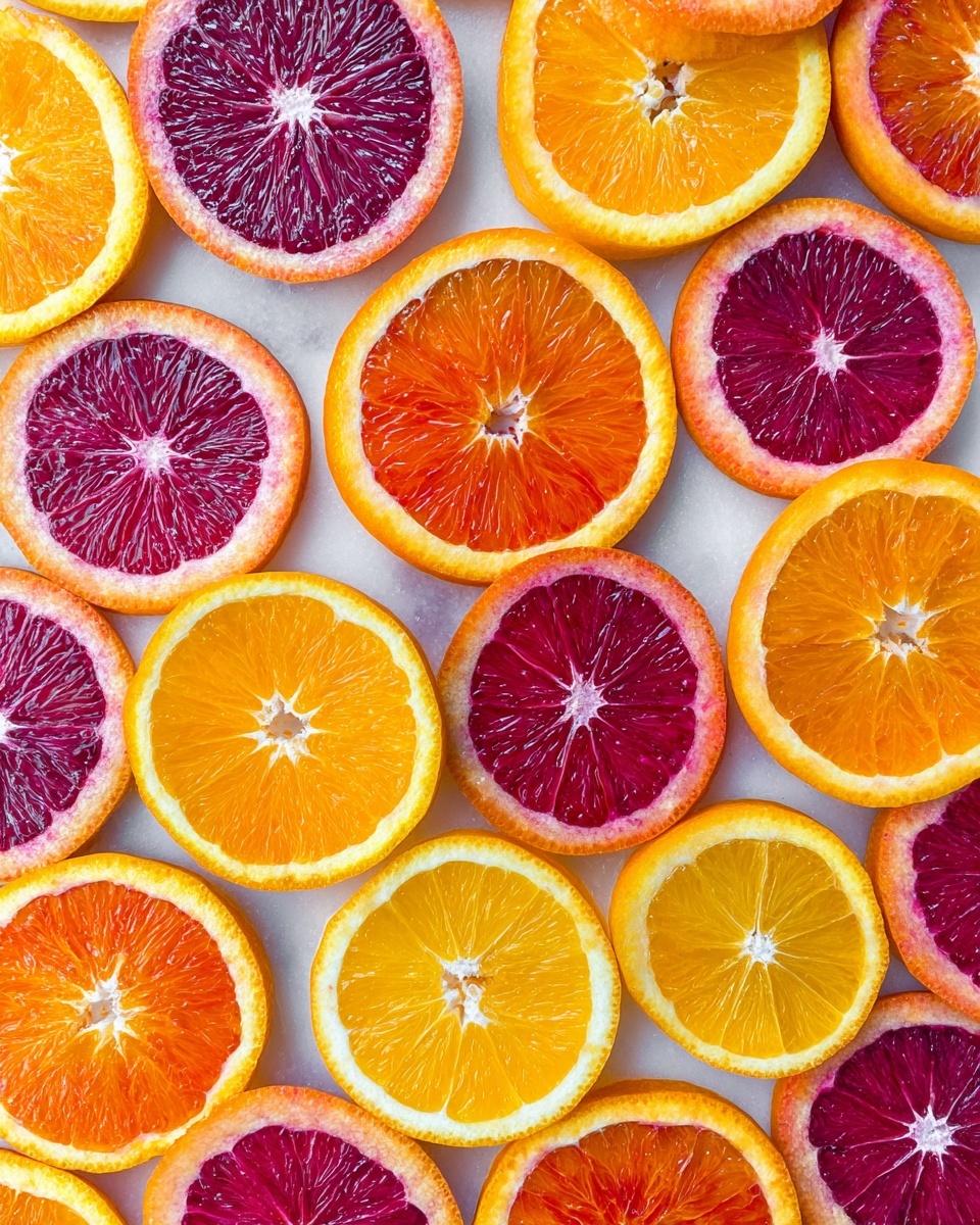 The image shows many layers of citrus slices arranged closely on a white marbled surface. There are two main types: one layer has bright orange slices with a smooth, shiny texture and thin yellow edges, while the other layer has deep red to dark purple slices with lighter pink borders, showing a detailed, almost watery texture. The slices are mostly round and are laid flat so their centers show a small white star shape made by the fruit's inner lines. The slices are mixed evenly, creating a colorful pattern of warm oranges and rich reds. photo taken with an iphone --ar 4:5 --v 7