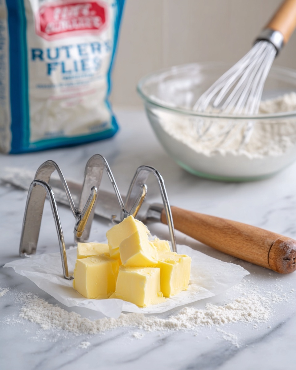 The image shows a small pile of yellow butter cubes placed on white wax paper in the front right on a white marbled surface. Just behind it is a metal and wooden pastry cutter with wide, curved blades and a light brown wooden handle resting on some scattered white flour. Further back, there is a clear glass bowl with flour inside and a whisk with a wooden handle leaning inside it. A blue and white bag of all-purpose flour stands in the background to the left. The scene is bright and clean with a focus on the baking tools and ingredients photo taken with an iphone --ar 4:5 --v 7