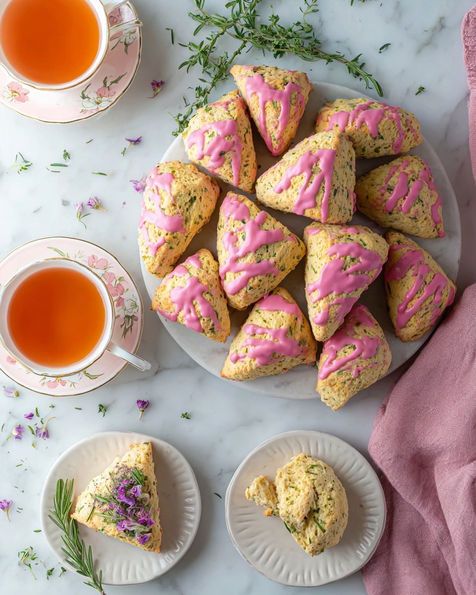 A white round plate holds about ten triangular scones with a light golden color mixed with small black specks, each covered with a bright pink drizzle of icing on top. The scones are arranged in a loose pile, with a few fresh green herb sprigs next to them. To the left, a white cup and saucer with a pale pink rim and delicate floral design holds a warm orange tea, topped with small purple flowers. Below, two smaller white plates with subtle embossed patterns each have a scone; one is whole with pink icing, garnished with herbs and small purple flowers, while the other plate has a scone broken into two pieces with a sprig of rosemary next to it, all placed on a white marbled surface with scattered small green herbs and a soft pink cloth napkin nearby. Photo taken with an iphone --ar 4:5 --v 7