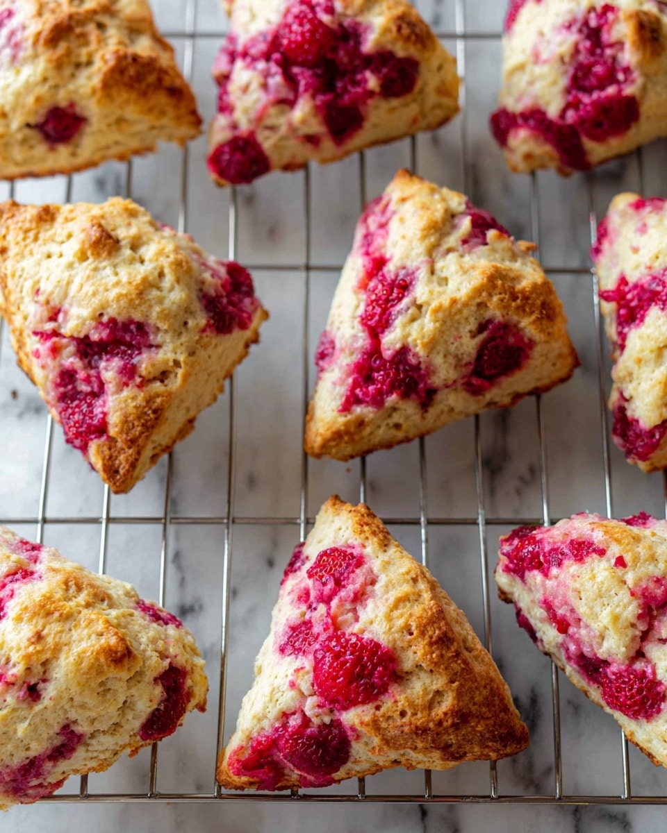 The image shows multiple triangular scones placed on a metal cooling rack with a white marbled surface underneath. Each scone has a golden-baked, slightly rough texture with bright red raspberry swirls and chunks unevenly distributed on top and within the scone dough. The crust appears crisp and flaky with a tender crumb inside, and the raspberries add vibrant pops of color against the light beige dough. The scones are spaced apart, showing their irregular, homemade shapes and sizes photo taken with an iphone --ar 4:5 --v 7