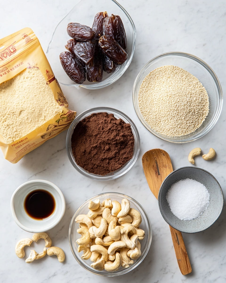 The image shows various ingredients placed on a white marbled surface. There is an open beige-yellow bag of pea protein powder standing upright with light tan powder inside. Surrounding the bag are clear glass bowls filled with different ingredients: a bowl of dark brown dates, a bowl of beige powder, a bowl of dark brown cocoa powder, a bowl of white sesame seeds, and a bowl filled with light tan cashew nuts with a few cashews scattered nearby. There is also a small white bowl with a dark liquid, and a small gray bowl with white salt and a wooden spoon inside. At the bottom right corner, a woman's hand is partially visible near the cashews. The scene is well lit and neatly arranged, photo taken with an iphone --ar 4:5 --v 7