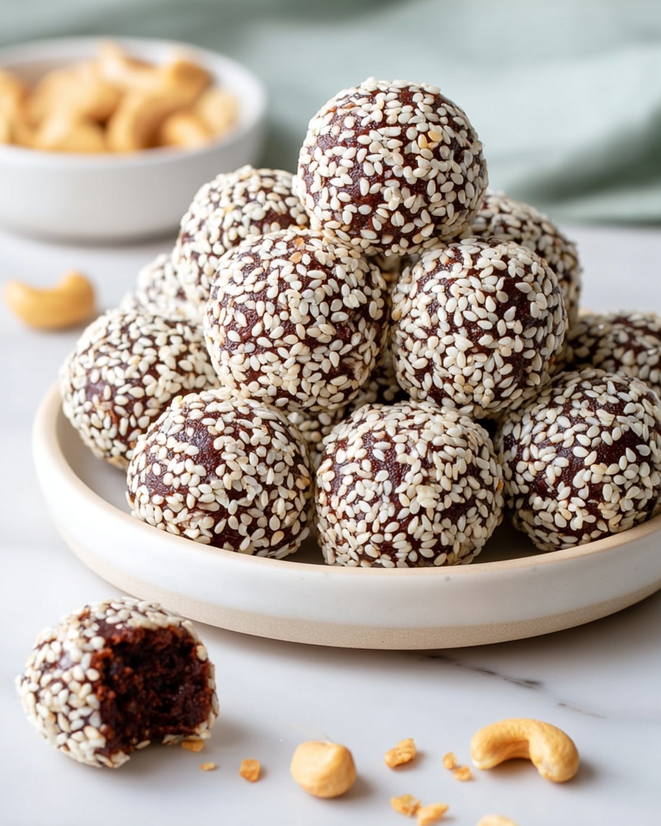 A white plate is filled with a pile of round dark brown balls covered fully in small white sesame seeds. The balls have a smooth, dense texture under the sesame seed layer. One ball is placed in front of the plate on a white marbled surface, partially eaten to show its soft inside. Scattered around the plate are a few whole light yellow cashew nuts and some loose sesame seeds. The background is soft and bright, focusing attention on the balls. Photo taken with an iphone --ar 4:5 --v 7