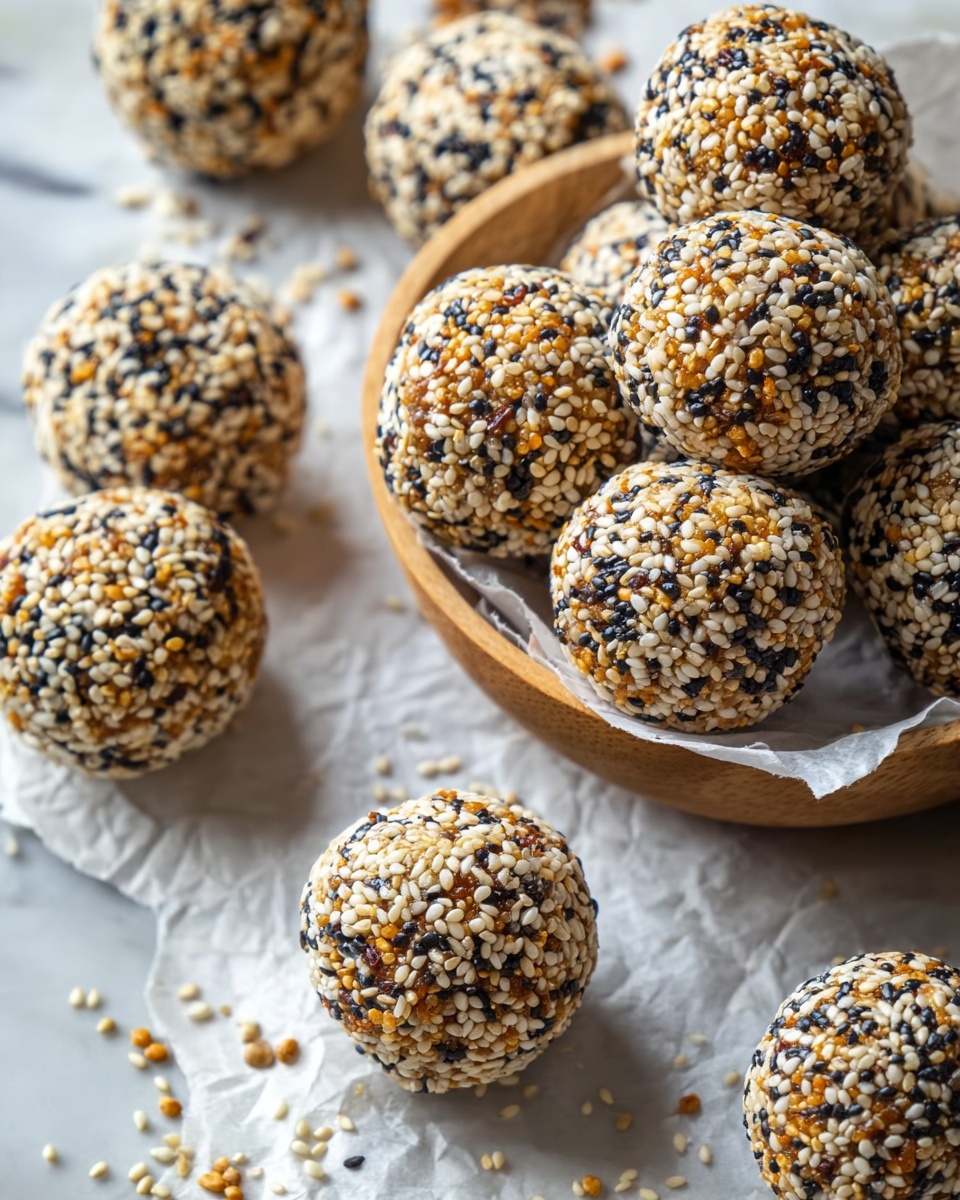 The image shows a group of round balls covered fully with white, black, and golden sesame seeds. Each ball has a rough texture from the many sesame seeds stuck on the surface, giving a speckled look. The balls are arranged on white parchment paper with some scattered sesame seeds around them. More balls are placed inside a wooden bowl that is partially visible in the lower left corner. The whole scene rests on a white marbled surface, and the lighting highlights the golden-brown tones of the balls through the seeds, making them look crunchy and textured. photo taken with an iphone --ar 4:5 --v 7