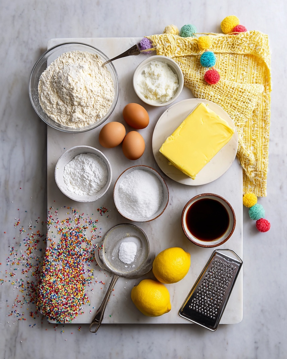 The image shows a white marbled board placed on a white marbled surface with baking ingredients arranged neatly on it. On the left, there is a clear glass bowl filled with light beige flour and below it a smaller clear bowl full of white sugar. Two brown eggs are placed near the center of the board. To the right, there is a white plate with a large block of yellow butter. A small gray bowl with white powder (likely baking soda) is above the butter, and below it is a small white bowl filled with a white substance (probably salt). A metal measuring spoon with white powder inside is next to the small white bowl. Below, a small dark brown cup contains a dark liquid, with two bright yellow lemons near it on the board. A metal grater with a wooden handle lies at the bottom right corner. There is a yellow and white textured cloth with multicolored pom-poms at the top right corner of the board. Near the bottom left, a clear bowl contains colorful sprinkles, some spilling out onto the board. photo taken with an iphone --ar 4:5 --v 7