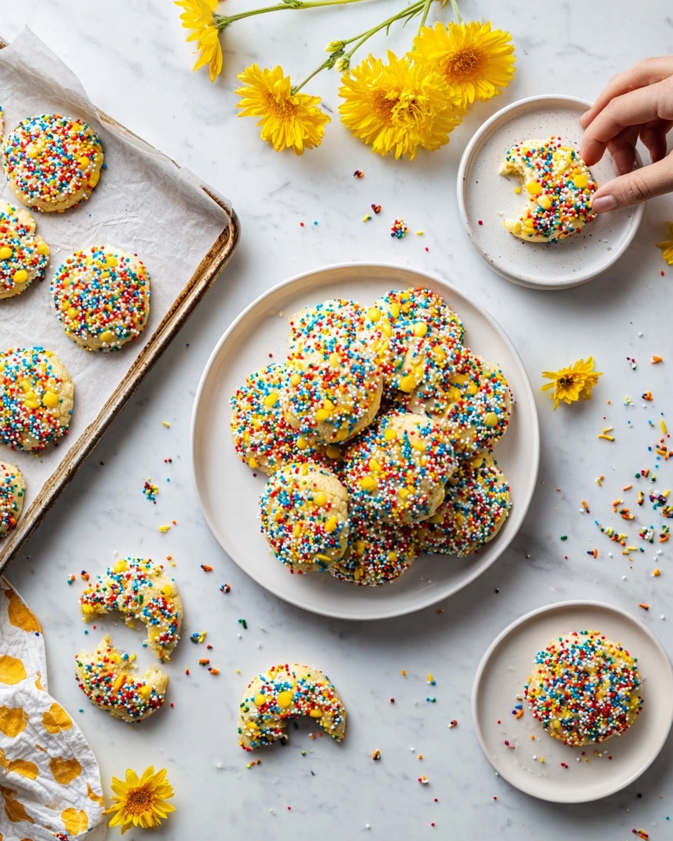 A large white plate in the center holds a pile of round yellow cookies covered in bright, colorful sprinkles in red, blue, white, and orange. Around the plate, there are smaller white plates, each with one or two cookies, some whole and some broken into pieces. To the left, a baking tray lined with parchment paper has six cookies spread out on it. A woman's hand reaches toward one cookie on a small white plate at the top, where a bite has been taken out. Yellow flowers and scattered sprinkles add decoration on the white marbled surface beneath everything. photo taken with an iphone --ar 4:5 --v 7