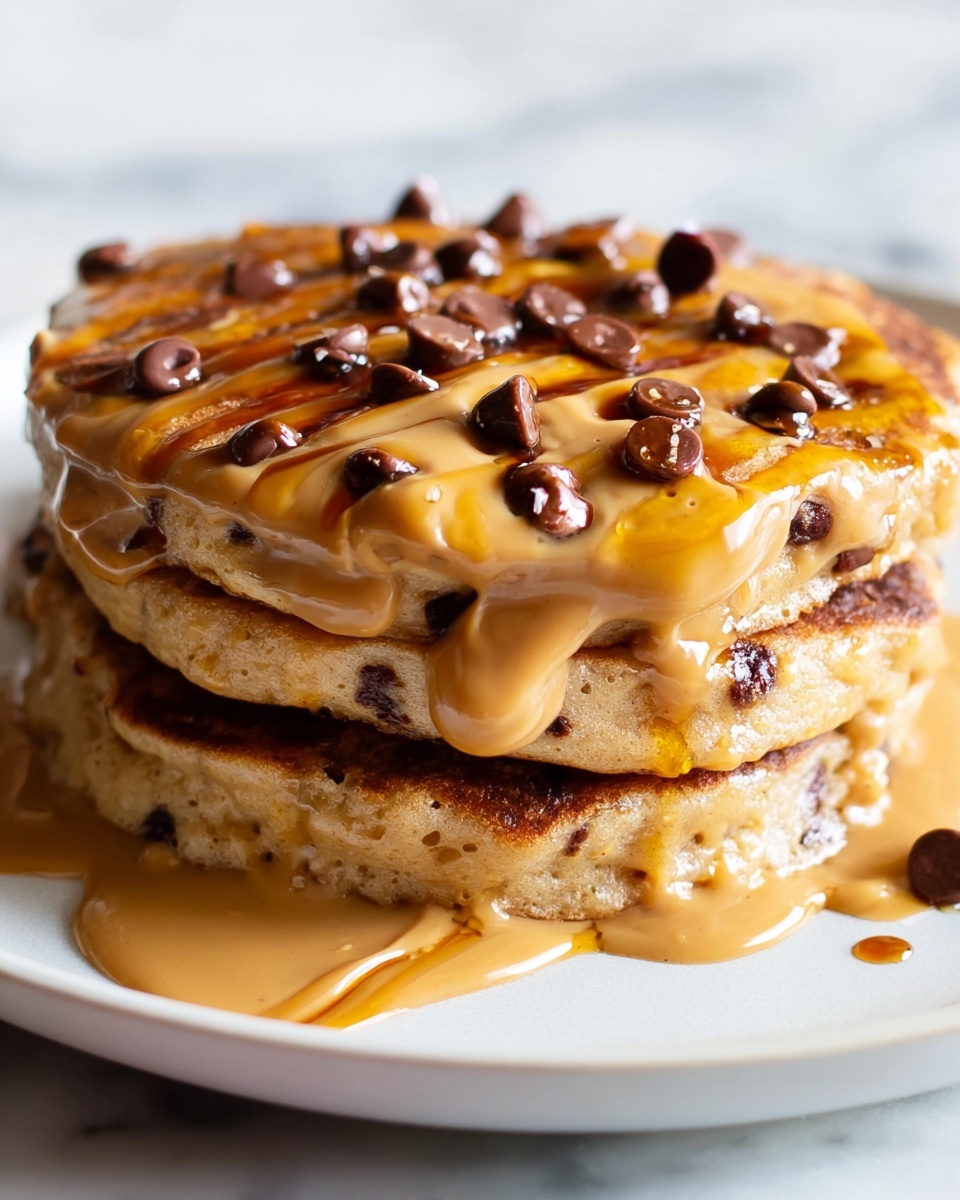 A stack of three thick, golden-brown pancakes sits on a white plate with a white marbled surface underneath. Between each pancake layer is a smooth, creamy peanut butter sauce that slightly drips over the edges. The top pancake is covered with more peanut butter sauce and scattered with dark chocolate chips, some partially melted, and lightly drizzled with a shiny syrup. The texture of the pancakes looks soft and fluffy, with a slightly crisp edge. photo taken with an iphone --ar 4:5 --v 7