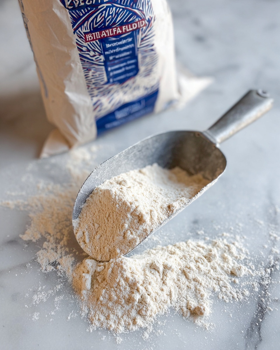 The image shows a metal scoop filled with fine, light beige flour, resting on a white marbled surface scattered with loose flour around it. Behind the scoop is an open bag of artisan bread flour with a blue and white design, partially visible and standing upright. The texture of the flour is soft and powdery, with some small clumps, and the metal scoop has a slightly worn, shiny surface. photo taken with an iphone --ar 4:5 --v 7