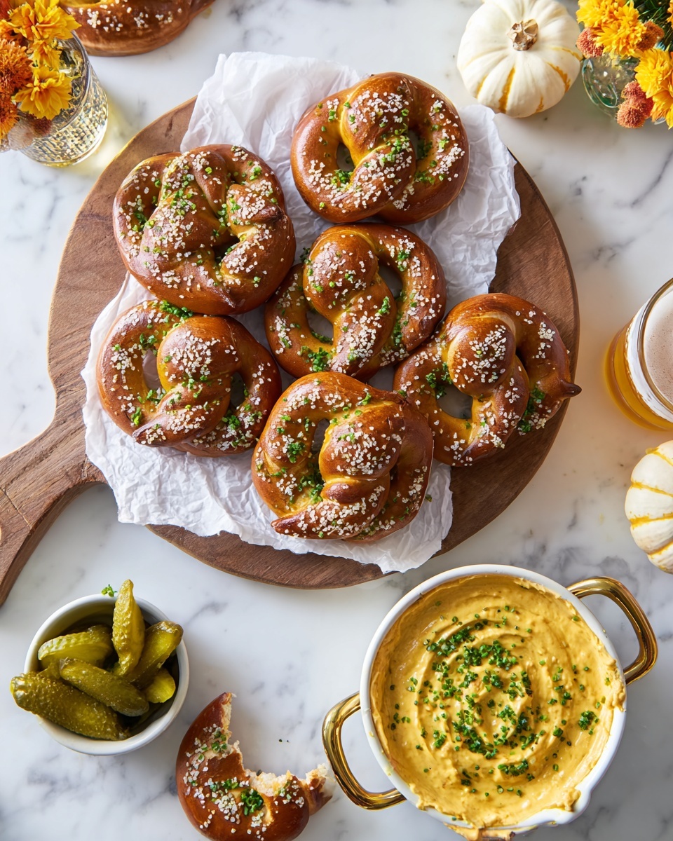 The image shows a wooden board topped with seven golden-brown pretzels sprinkled with coarse salt and chopped green herbs, placed on a crumpled white paper. To the right side of the board, there is a white round dish with golden handles filled with a thick, creamy yellow dip garnished with finely chopped green herbs. At the bottom left, a small white bowl holds green pickles, and next to it, two pretzels rest on white paper with one torn apart showing a soft, light inside. The background is a white marbled surface with a small clear glass of yellow beer at the bottom right and small white pumpkin decorations at the top right, along with a small vase of yellow and orange flowers near the top left. photo taken with an iphone --ar 4:5 --v 7