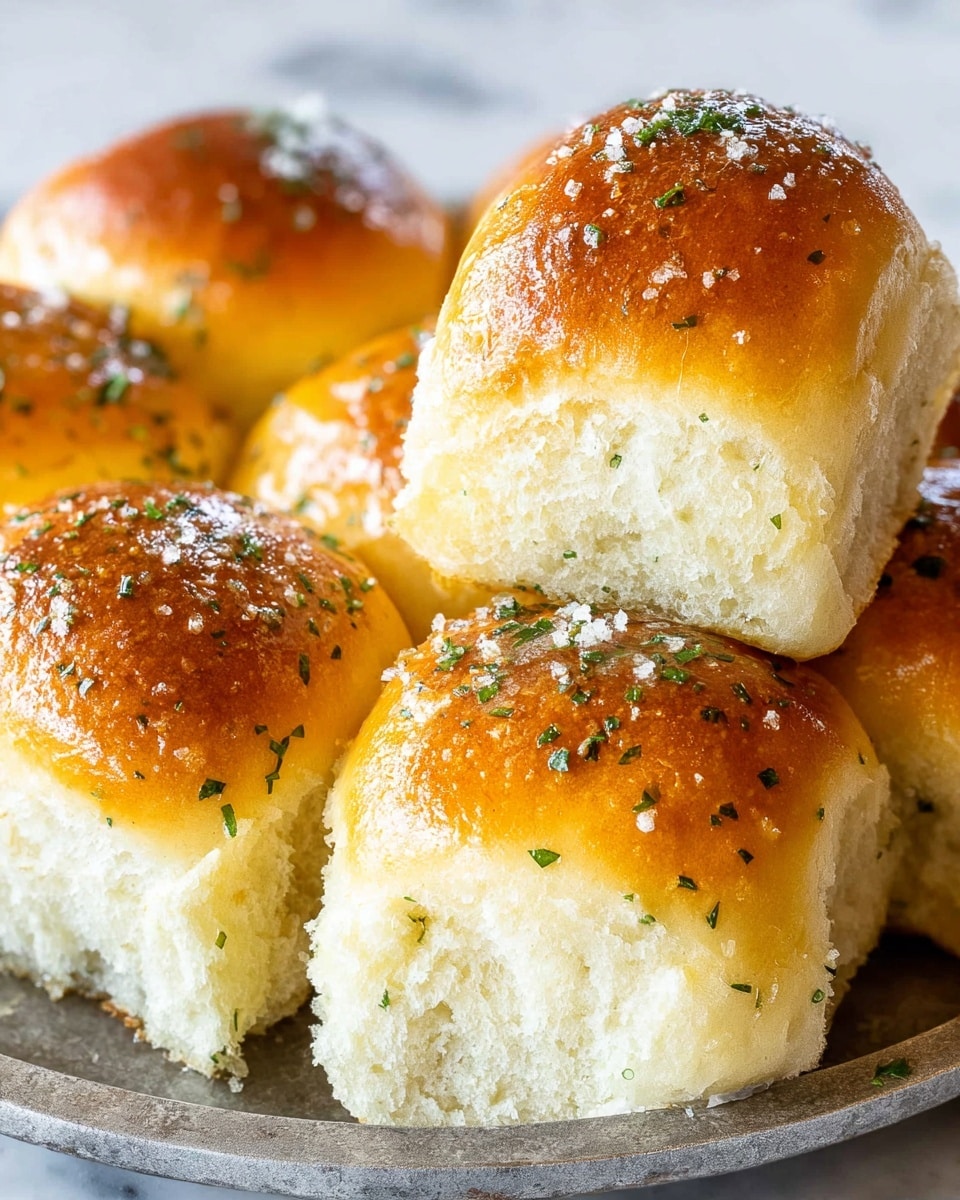 A close-up view of six soft bread rolls arranged closely on a round metal surface. Each roll has a golden-brown, shiny top sprinkled with small green herbs and coarse salt, and the sides show a light, fluffy texture with a pale cream color. One roll is stacked on top of another, displaying its airy interior clearly. The metal surface has a textured look with a grey tone, sitting on a white marbled background. photo taken with an iphone --ar 4:5 --v 7