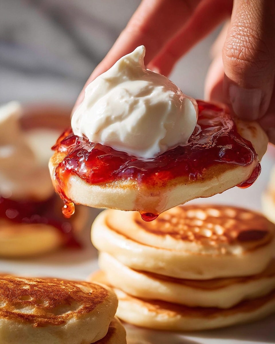 A close-up image shows a small beige pancake as the base layer with a smooth texture and even golden brown spots on top, layered with a shiny, deep red jelly spread that drips slightly over the edge, topped with a thick, white dollop of soft cream with gentle curves. A woman's hand is holding the pancake, lifting it above a stack of similar golden brown pancakes, all resting on a white marbled surface. The light highlights the glossy jelly and soft cream, creating a warm and inviting look. photo taken with an iphone --ar 4:5 --v 7