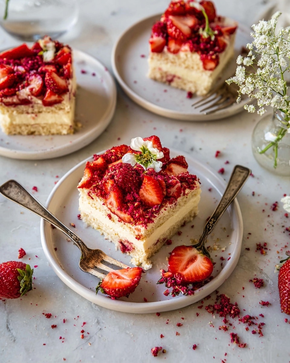 Three pieces of layered dessert sit on three white plates on a white marbled surface. Each piece has three layers: a light beige cake base, a creamy pale yellow middle layer, and a topping of bright red sliced strawberries scattered with crushed red berry crumbs. One piece is decorated with a small white flower on top. Two vintage silver forks lie next to the plates, with one fork holding a half strawberry. A clear glass with small white flowers is placed near the top right. The scene feels fresh and inviting, with bits of crushed berries spread around. Photo taken with an iphone --ar 4:5 --v 7