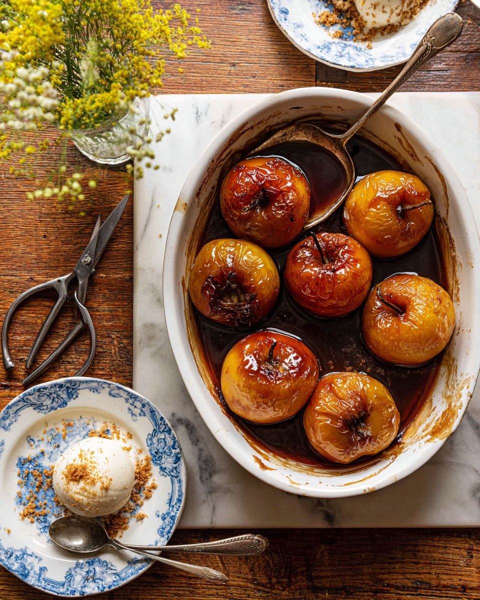 In a white ceramic baking dish, there are seven baked apples with wrinkled, shiny, golden-brown skin sitting in a dark syrup. A silver spoon coated with syrup rests inside the dish, leaning on the side. Next to the dish, on a small white plate with blue floral designs, is a scoop of white ice cream topped with crumbs, and a small silver spoon lies on the plate. The setting is on a wooden table with a vase of small yellow flowers and a pair of scissors nearby, all on a white marbled surface. photo taken with an iphone --ar 4:5 --v 7