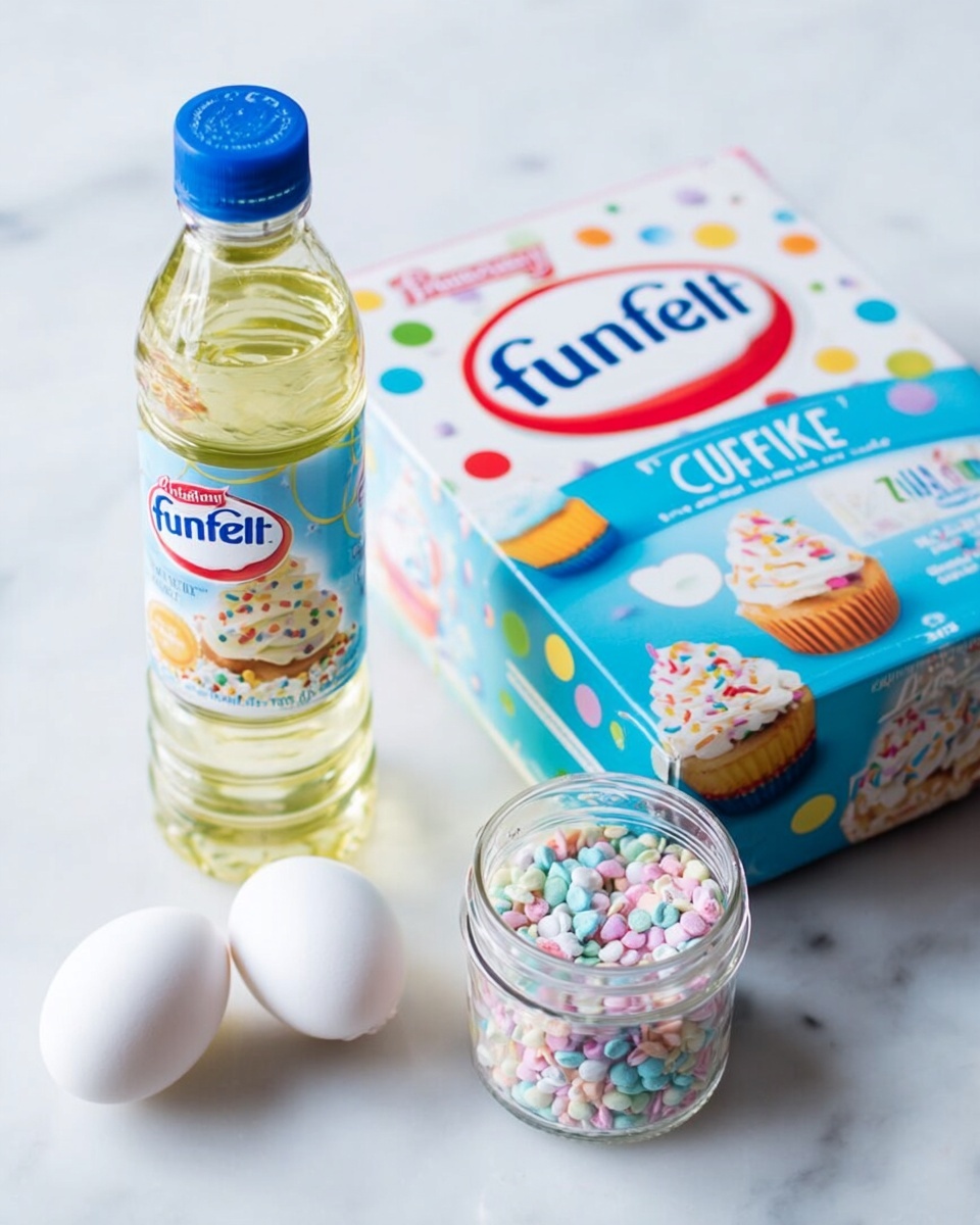 A clear plastic bottle with blue cap filled with pure vegetable oil stands on the left, next to a box of Pillsbury Funfetti cake mix that shows colorful confetti cupcake pictures on a bright blue background with pill-shaped rainbow dots. In front of the box, two white eggs lie side by side, and a small clear jar filled with pastel-colored candy sprinkles sits to the right on a white marbled surface photo taken with an iphone --ar 4:5 --v 7