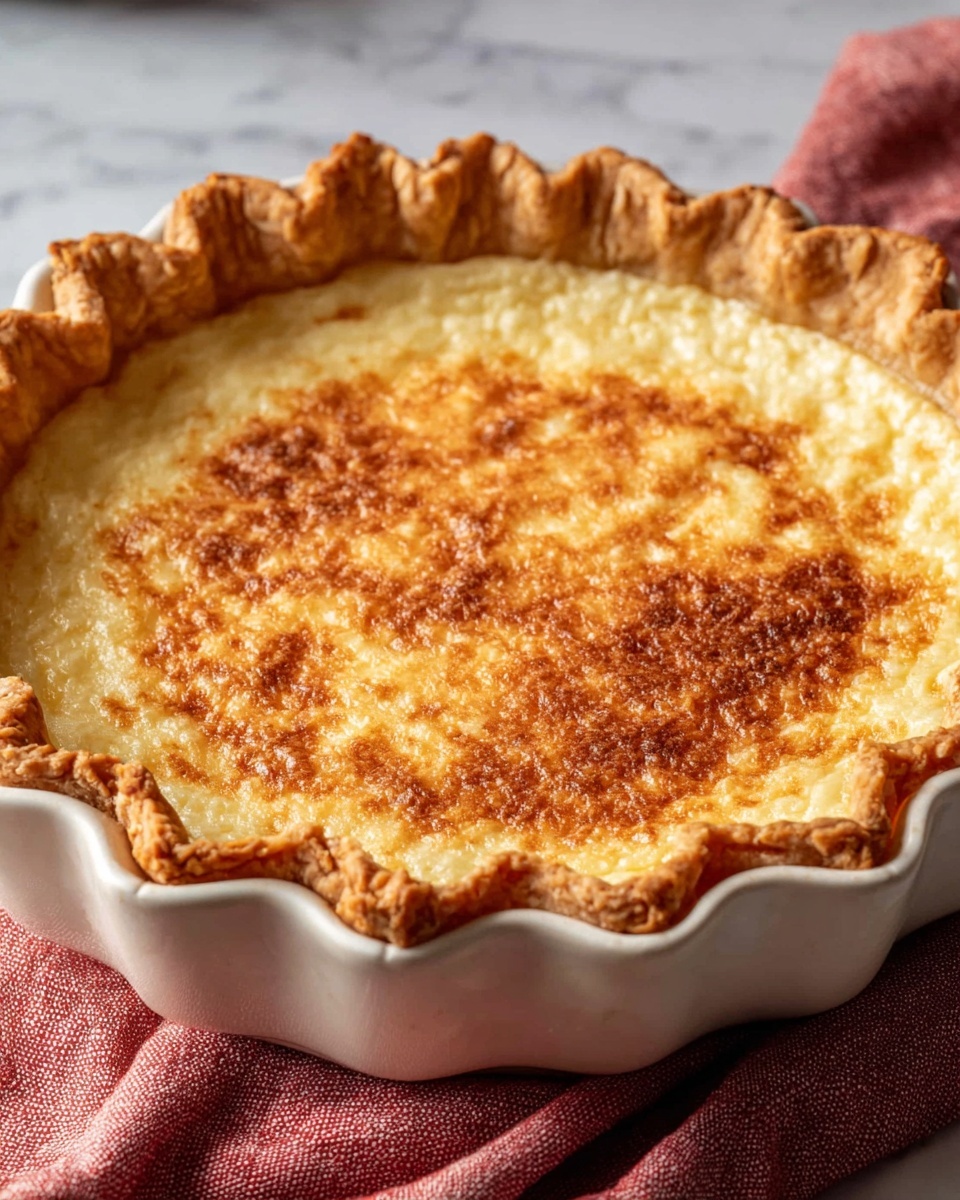 A golden brown pie with a thick, flaky crust forming a ruffled edge around the pie dish. The filling is smooth and creamy, showing a slightly browned, textured top layer from baking. The pie sits in a white ceramic dish, resting on a white marbled surface, with a soft red cloth nearby. Photo taken with an iphone --ar 4:5 --v 7