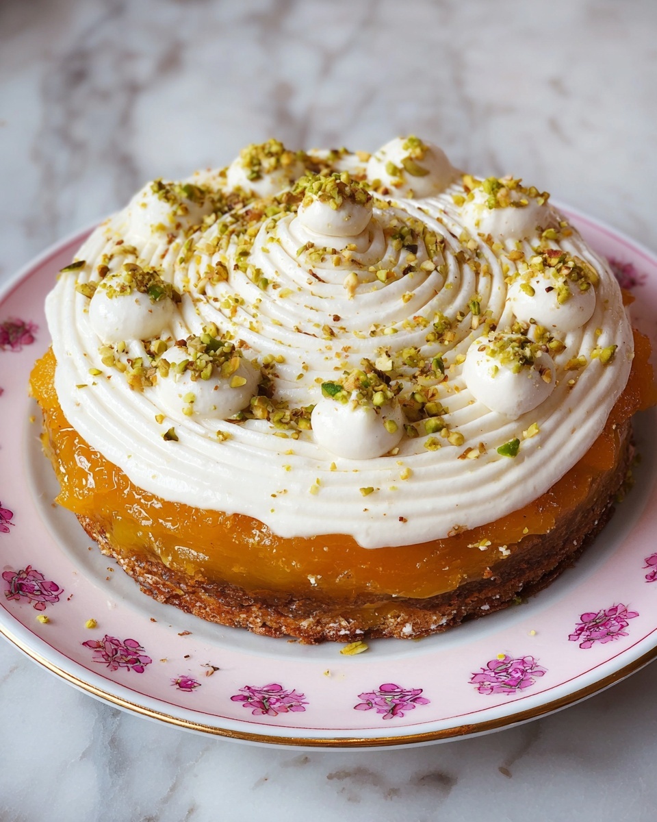 The image shows a round layered dessert on a white plate with pink floral patterns and a gold rim, placed on a white marbled surface. The bottom layer is a moist, dark cake base that appears slightly shiny. Above the cake is a thick, bright orange fruit layer that looks soft and juicy. The top layer is a generous spiral of smooth white cream, decorated with small dollops around the edges and sprinkled with chopped green pistachios for texture and color contrast. The cream has a textured spiral pattern, making it visually appealing. Photo taken with an iphone --ar 4:5 --v 7