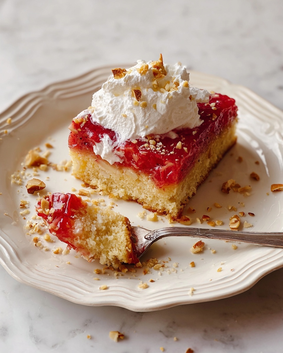 A single square piece of cake with three visible layers sits on an off-white plate with a decorative edge on a white marbled surface. The cake's thick bottom layer is light golden brown with a moist, crumbly texture. Above it is a bright red layer of fruit topping that looks slightly chunky and glossy. On top of this is a dollop of white whipped cream, sprinkled with small golden-brown crumbs. Scattered around the plate are more toasted crumbs and nut pieces. In front of the cake, a silver fork holds a small bite-sized piece showing the same three layers: golden cake, red fruit, and a bit of whipped cream. Photo taken with an iphone --ar 4:5 --v 7