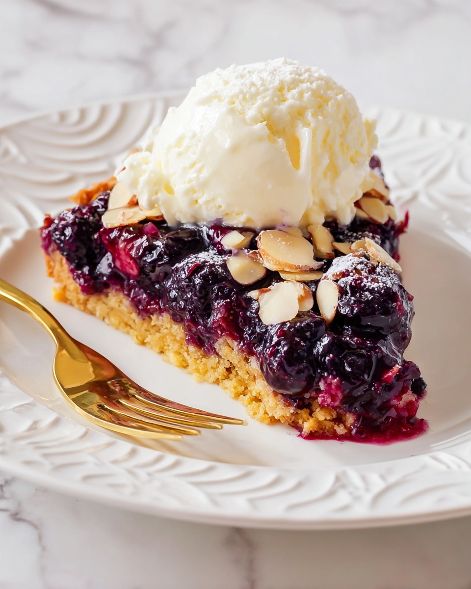 A slice of dessert with three layers sits on a white plate with a carved design; the bottom layer is a golden, crumbly crust, the middle layer is a dark purple, chunky fruit topping with visible almond slices, and the top layer is a scoop of creamy, white ice cream slightly melting onto the fruit. A gold fork lies on the plate behind the slice on a white marbled surface. Photo taken with an iphone --ar 4:5 --v 7