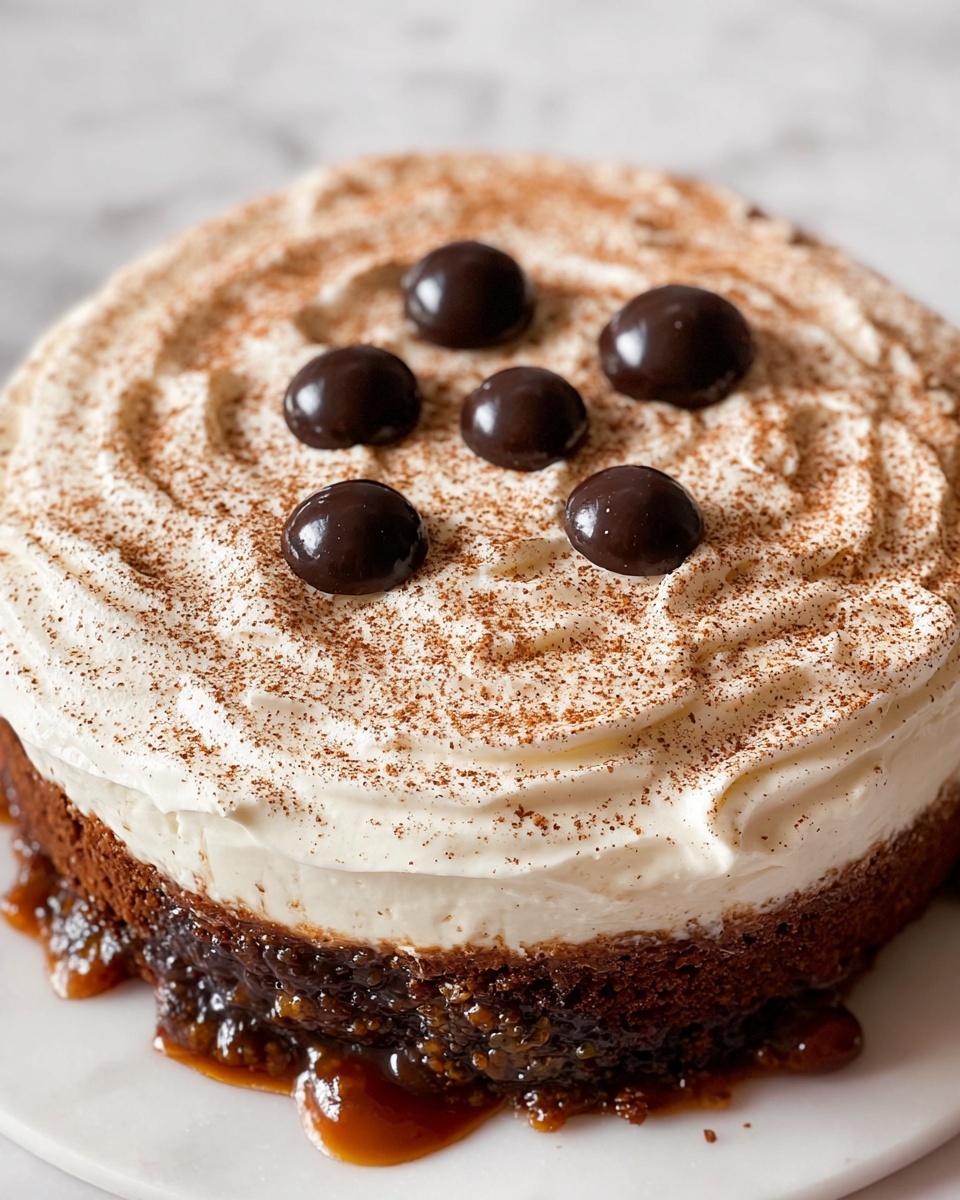 A round dessert with two main layers is shown on a white marbled surface. The bottom layer is dark brown, shiny, and moist-looking with a sticky texture that drips slightly over the edge. The top layer is thick, swirled white cream or frosting spread evenly over the dessert, sprinkled with fine light brown powder all over. Dark brown round chocolate pieces are placed evenly on top of the white creamy layer, with three in the center clustered together and others spaced around the edge. photo taken with an iphone --ar 4:5 --v 7