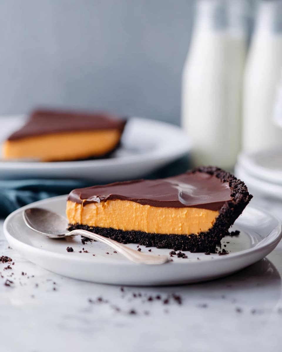 The first layer shows a dark crumbly crust forming the base and edges of a clear glass pie dish, topped with a thick, smooth layer of light tan peanut butter filling spread evenly in a circular motion. The next three images feature a white bowl: the second image contains small dark chocolate chips with a dollop of peanut butter in the center, the third shows the same bowl now filled with hot heavy cream poured over the chocolate and peanut butter with a silver spoon resting inside, and the fourth image reveals the mixture stirred into a glossy, rich dark brown chocolate sauce with the spoon still in the bowl. All images have a white marbled textured background. Photo taken with an iphone --ar 4:5 --v 7