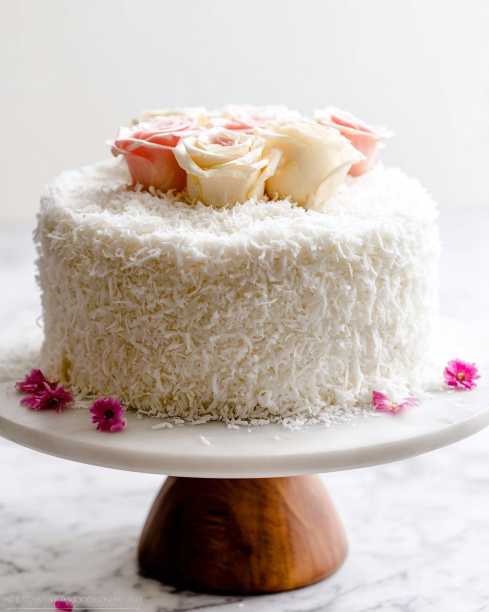 A round cake covered completely with white shredded coconut on all sides, creating a rough texture layer. On top, there are six soft cream roses in pale cream and light pink colors, placed in a circle near the edge of the cake. The cake sits on a white marble cake stand that has a smooth surface and a short wooden pedestal. Small pink flowers are placed at the base of the cake on the cake stand. The background is a clean white marbled texture, making the cake the main focus. Photo taken with an iphone --ar 4:5 --v 7