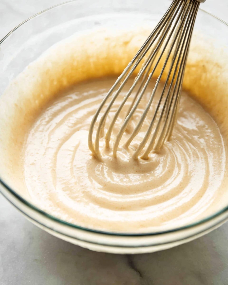 A white glass bowl holds a smooth, thick beige batter with a creamy texture. A metal whisk with thin silver wires is partly sunk in the batter, creating soft circular patterns on the surface. The bowl sits on a white marbled surface that is visible around its edges. The light highlights the batter's shiny, slightly glossy finish and the thin layers clinging to the whisk wires. photo taken with an iphone --ar 4:5 --v 7