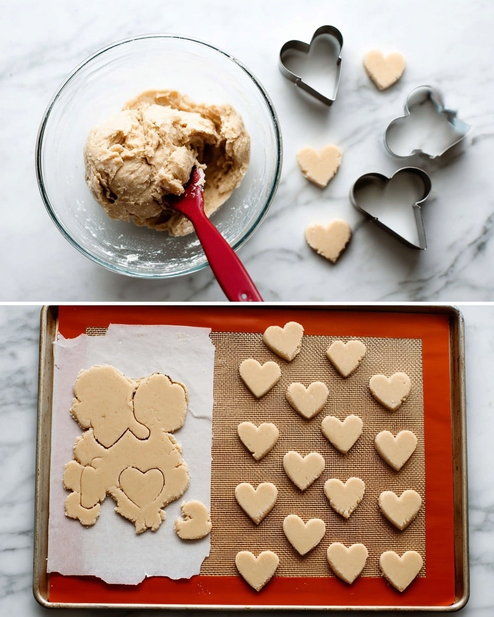 The image shows three stages of making heart-shaped cookies on a white marbled surface. On the left, a clear glass bowl holds a ball of beige cookie dough with a red spatula sticking in it. On the top right, a sheet of dough is rolled out on white parchment paper with several heart shapes cut out, two heart-shaped metal cookie cutters rest on the dough and nearby. On the bottom right, a baking tray lined with an orange silicone mat contains rows of evenly spaced beige heart-shaped dough pieces, ready to bake. Photo taken with an iphone --ar 4:5 --v 7