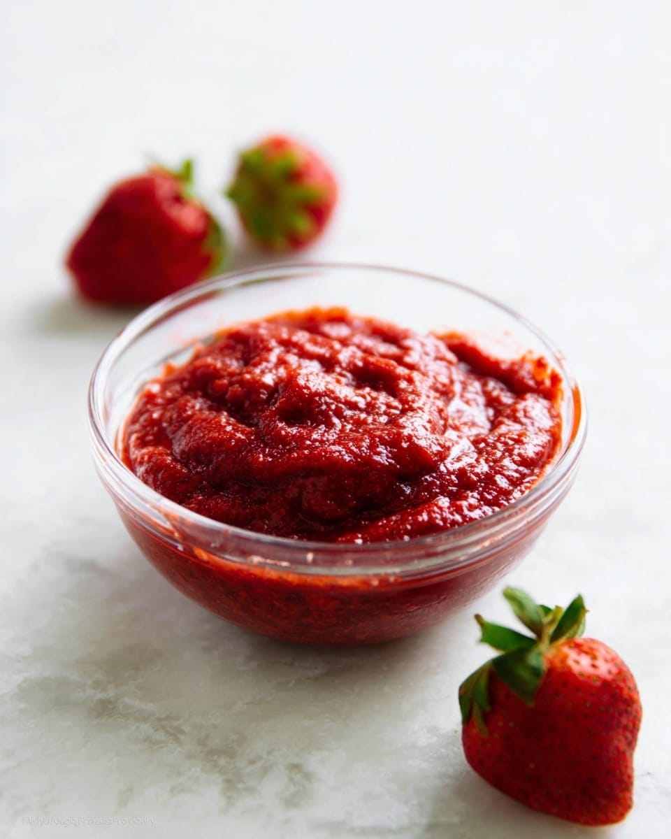 A clear glass bowl sits on a white marbled surface, filled with a thick, chunky red sauce that has a slightly uneven texture with visible soft pieces. Around the bowl, there are three ripe strawberries with green leaves, adding a natural touch of red and green shades. The red sauce stands out vividly against the clean white background, creating a fresh and simple look. photo taken with an iphone --ar 4:5 --v 7