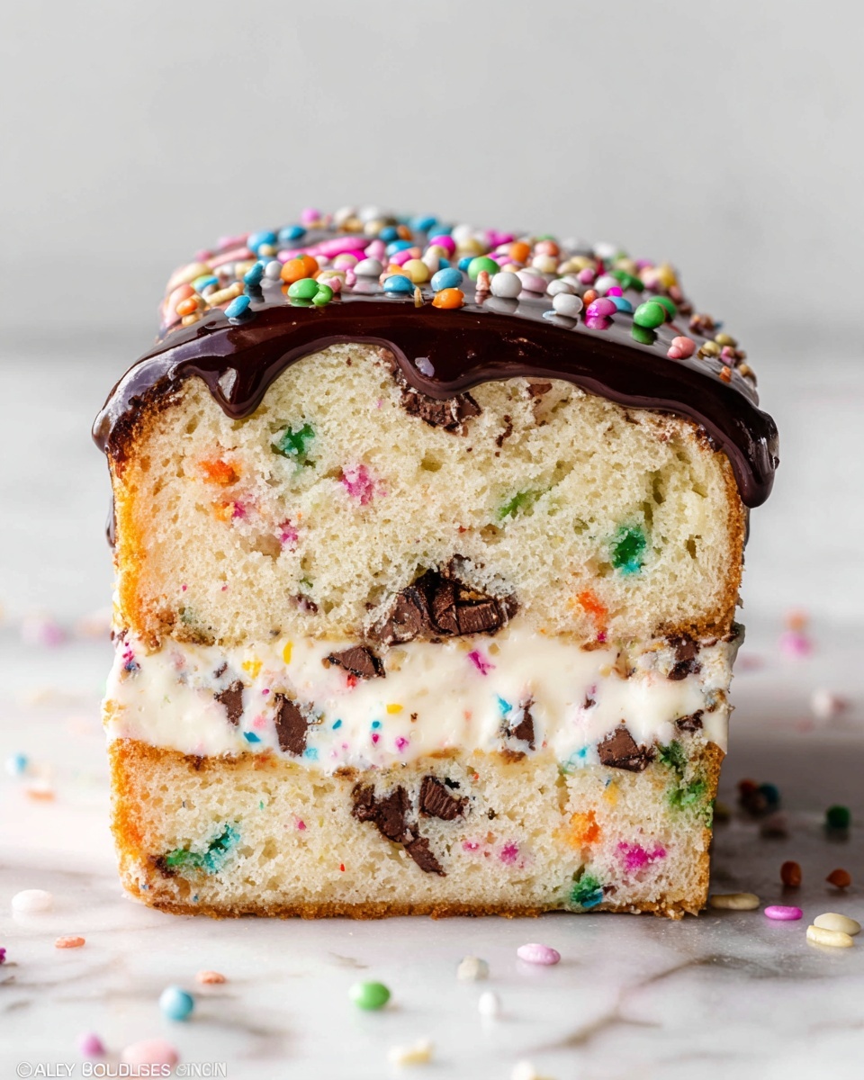 The image shows a thick slice of a funfetti cake with two main layers of light beige cake dotted with colorful sprinkles in green, pink, orange, blue, and yellow. Between these layers is a creamy white filling with small dark chocolate bits spread across it. The top layer is covered with a shiny, smooth dark chocolate glaze that drips slightly over the sides and is sprinkled with round, multicolored confetti sprinkles. The cake slice sits on a white marbled surface with some sprinkles scattered around. Photo taken with an iphone --ar 4:5 --v 7