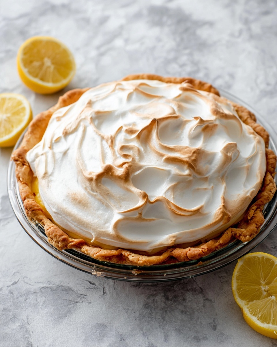 A round pie in a clear glass pie dish sits on a white marbled texture. The pie has three visible layers: the bottom golden-brown crust with a rough edge, the middle lemon filling barely seen under the top layer, and a thick, fluffy white meringue layer on top with soft peaks and swirls lightly browned at the tips. Next to the pie, there are two lemon halves showing their bright yellow inside. Photo taken with an iphone --ar 4:5 --v 7