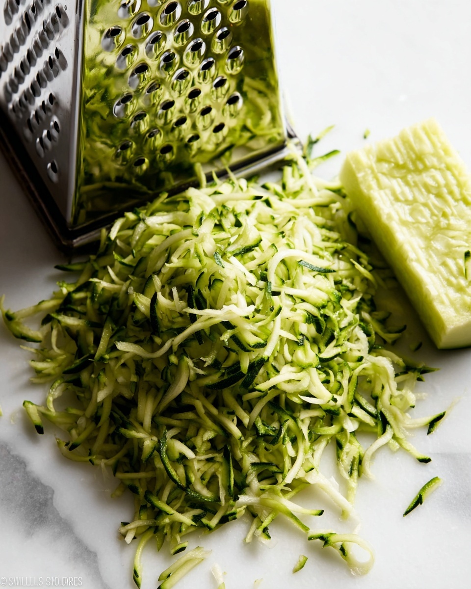 A pile of freshly shredded green zucchini sits on a white marbled surface next to a shiny metal box grater covered in green vegetable bits. The zucchini strands are thin and curly, showing a mix of light green inner flesh and darker green skin. On the right side, a piece of zucchini with a crinkle-cut edge rests on the same surface, behind the shredded pile. The lighting is bright, highlighting the fresh and moist texture of the shredded zucchini. Photo taken with an iphone --ar 4:5 --v 7