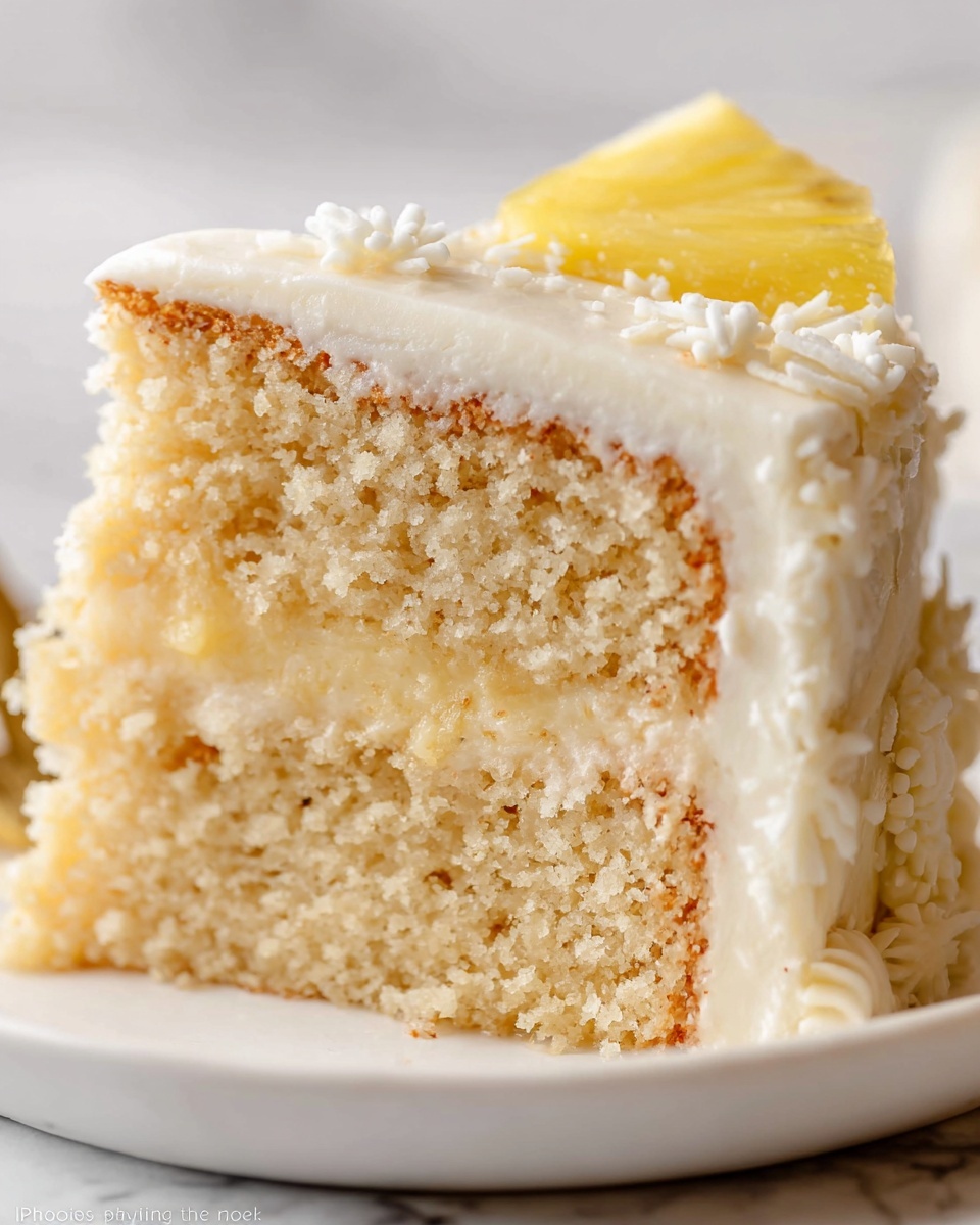A close-up view of a two-layer cake slice with a light beige color and a soft crumb texture. Each layer of the cake has a creamy, pale yellow filling in between, with a thick, smooth layer of white frosting covering the top and sides. The outer edge of the cake is decorated with small white frosting details. A piece of pineapple is visible at the top right corner on the frosting. The cake sits on a white plate, all on a white marbled surface. Photo taken with an iphone --ar 4:5 --v 7