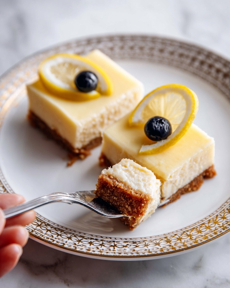 Two square pieces of lemon cheesecake are placed on a white plate with a gold patterned rim, set on a white marbled surface. Each piece has two layers: a bottom brown crumbly crust and a thick, smooth pale yellow cheesecake layer on top. One piece is decorated with a thin slice of lemon wedge and a single dark blue blueberry positioned near the center. In front, a fork holds a small bite-sized piece showing the creamy texture of the cheesecake and the crust underneath, with a woman's hand holding the fork. The photo taken with an iphone --ar 4:5 --v 7